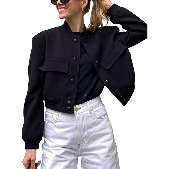 Women Black Cropped Bomber Jacket Button Down Varsity Shacket with Pockets - Picture 1 of 5